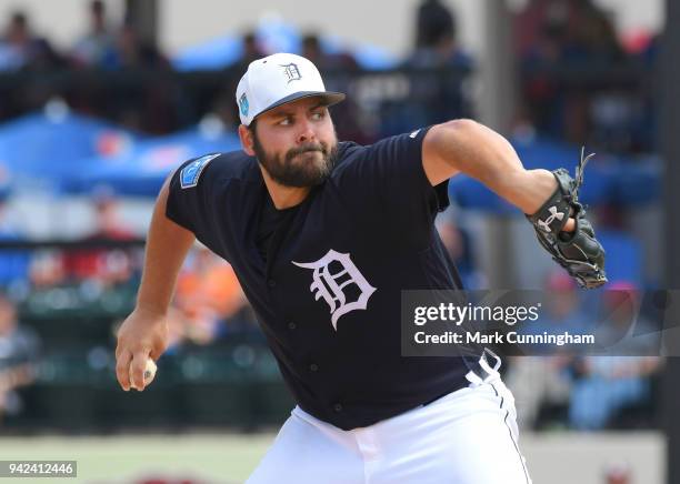 Michael Fulmer of the Detroit Tigers pitches during the Spring Training game against the Atlanta Braves at Publix Field at Joker Marchant Stadium on...