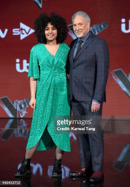 Finalist Ruti Olajugbagbe and judge Tom Jones attend the pre-final event for 'The Voice' at Elstree Studios on April 5, 2018 in Borehamwood, England.