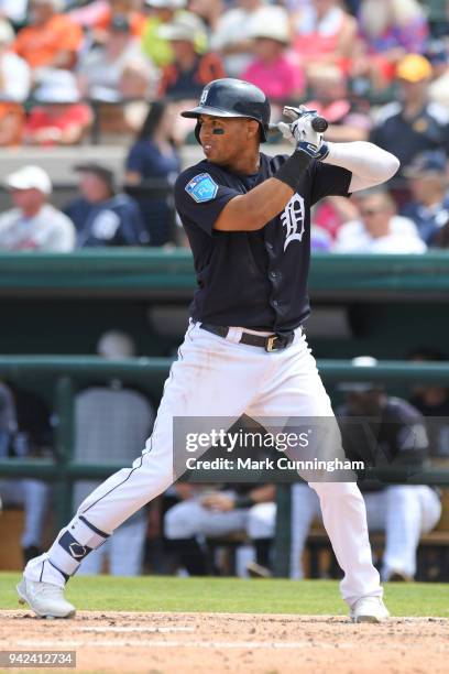 Leonys Martin of the Detroit Tigers bats during the Spring Training game against the Atlanta Braves at Publix Field at Joker Marchant Stadium on...