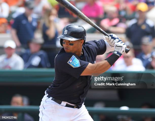 Leonys Martin of the Detroit Tigers bats during the Spring Training game against the Atlanta Braves at Publix Field at Joker Marchant Stadium on...