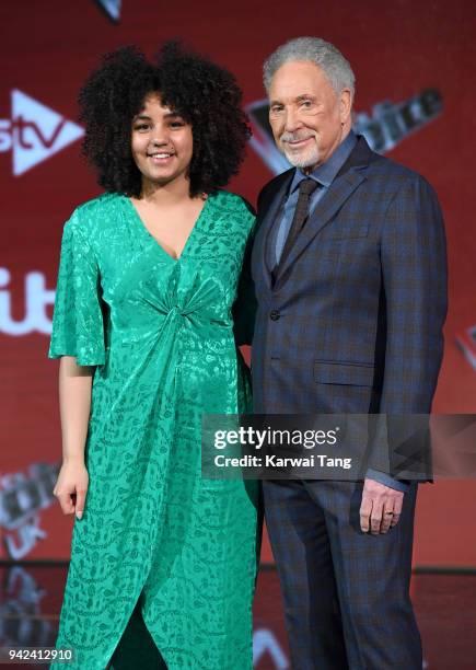 Finalist Ruti Olajugbagbe and judge Tom Jones attend the pre-final event for 'The Voice' at Elstree Studios on April 5, 2018 in Borehamwood, England.