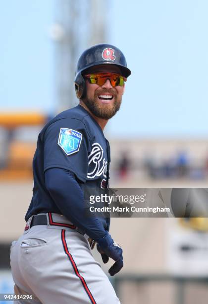 Ender Inciarte of the Atlanta Braves looks on during the Spring Training game against the Detroit Tigers at Publix Field at Joker Marchant Stadium on...