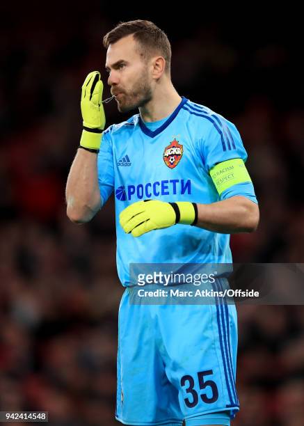 Igor Akinfeev of CSKA Moscow during the UEFA Europa League quarter final leg one match between Arsenal FC and CSKA Moskva at Emirates Stadium on...