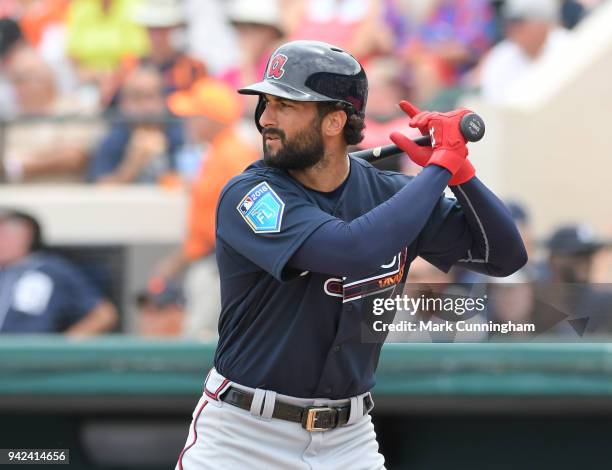 Nick Markakis of the Atlanta Braves bats during the Spring Training game against the Detroit Tigers at Publix Field at Joker Marchant Stadium on...