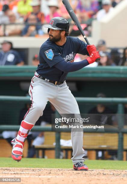 Nick Markakis of the Atlanta Braves bats during the Spring Training game against the Detroit Tigers at Publix Field at Joker Marchant Stadium on...