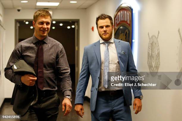Mark Pysyk and Jamie McGinn of the Florida Panthers arrive for tonights game against the Boston Bruins at the BB&T Center on April 5, 2018 in...