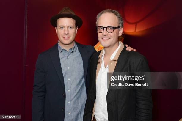 Cast members Geoffrey Streatfeild and Alex Beckett attend the press night after party for "The Way of the World" at The Hospital Club on April 5,...