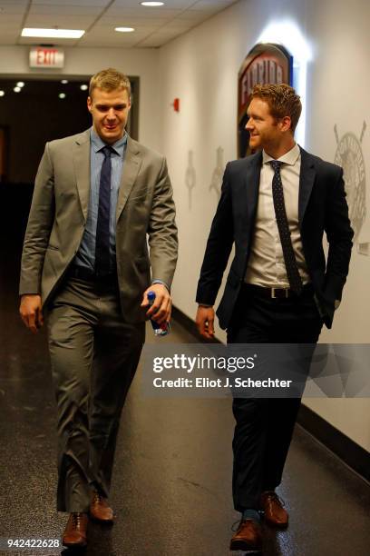 Aleksander Barkov and Michael Matheson of the Florida Panthers arrive smiling for tonights game against the Boston Bruins at the BB&T Center on April...