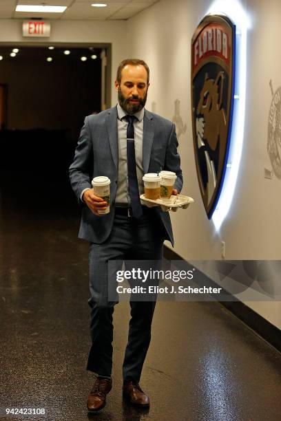 Derek MacKenzie of the Florida Panthers arrives for tonights game against the Boston Bruins at the BB&T Center on April 5, 2018 in Sunrise, Florida.