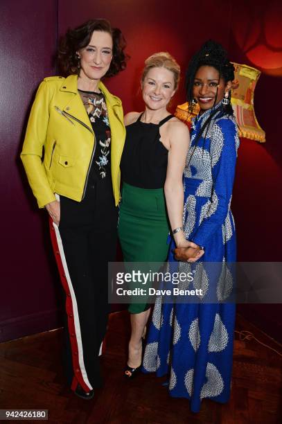 Cast members Haydn Gwynne, Sarah Hadland and Jenny Jules attend the press night after party for "The Way of the World" at The Hospital Club on April...