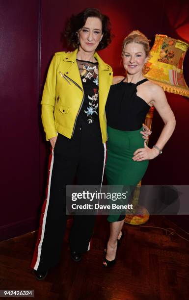 Cast members Haydn Gwynne and Sarah Hadland attend the press night after party for "The Way of the World" at The Hospital Club on April 5, 2018 in...