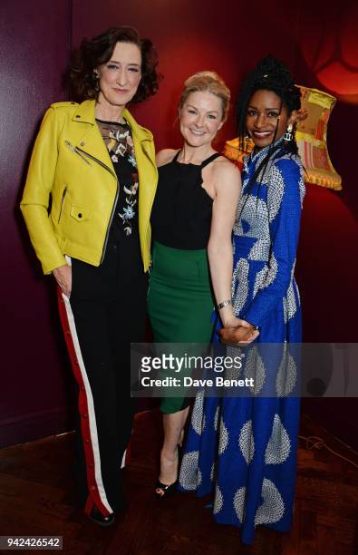 Cast members Haydn Gwynne, Sarah Hadland and Jenny Jules attend the press night after party for "The Way of the World" at The Hospital Club on April...