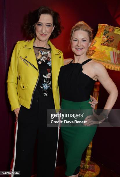 Cast members Haydn Gwynne and Sarah Hadland attend the press night after party for "The Way of the World" at The Hospital Club on April 5, 2018 in...