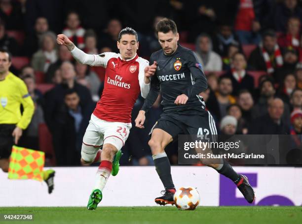 Hector Bellerin of Arsenal takes on Georgi Schennikov of CSKA Moscow during the UEFA Europa League quarter final leg one match between Arsenal FC and...