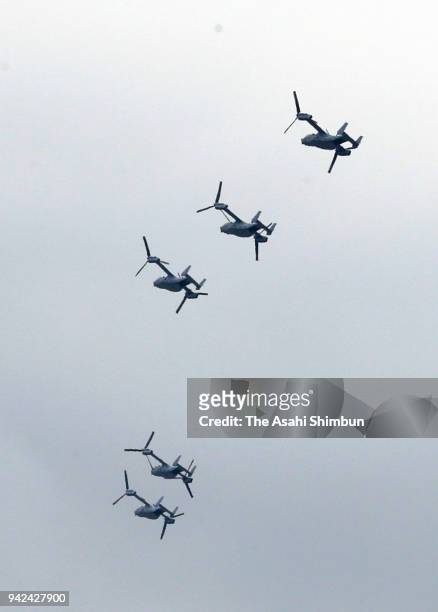 Ospreys fly past rresidential district near the U.S. Yokota Air Base on April 5, 2018 in Akiruno, Tokyo, Japan. The transport aircraft will be...