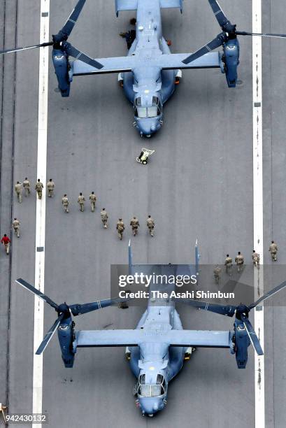 Ospreys are seen prior to taking off from Yokohama North Dock on April 5, 2018 in Yokohama, Kanagawa, Japan. The transport aircraft will be deployed...