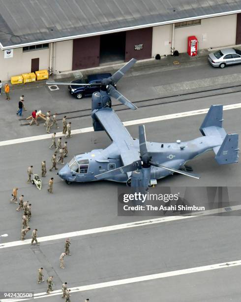 Osprey is seen prior to taking off from Yokohama North Dock on April 5, 2018 in Yokohama, Kanagawa, Japan. The transport aircraft will be deployed at...