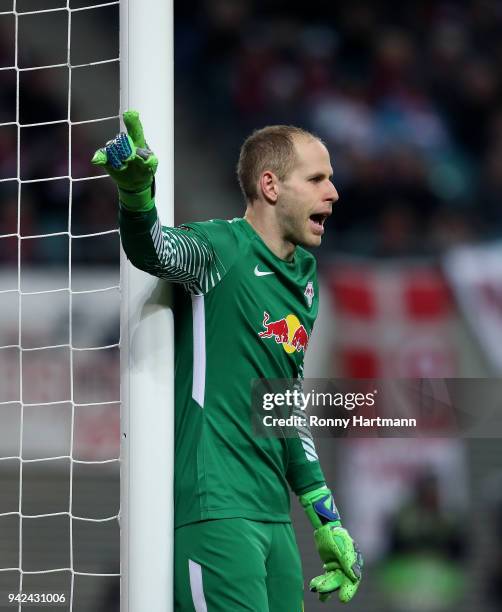 Goalkeeper Peter Gulacsi of RB Leipzig gestures during the UEFA Europa League quarter final leg one match between RB Leipzig and Olympique Marseille...