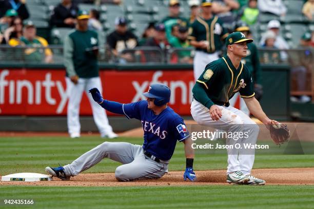 Ryan Rua of the Texas Rangers slides into third base past Matt Chapman of the Oakland Athletics during the seventh inning at the Oakland Coliseum on...