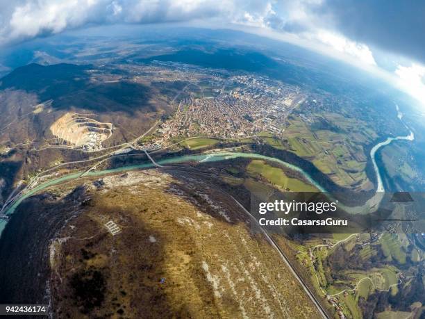 aerial view of border river between slovenia and italy - nova gorica stock pictures, royalty-free photos & images