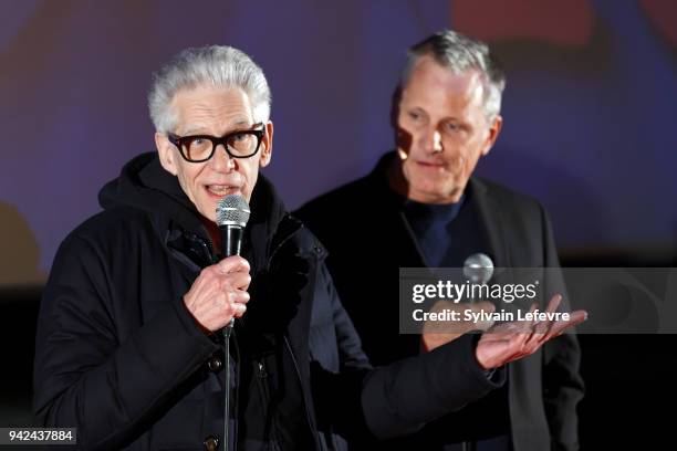 Director David Cronenberg and actor Viggo Mortensen attends 10th Beaune International Thriller Film Festival on April 5, 2018 in Beaune, France.