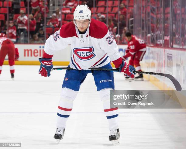 Jacob De La Rose of the Montreal Canadiens looks on during warm-ups prior to an NHL game against the Detroit Red Wings at Little Caesars Arena on...
