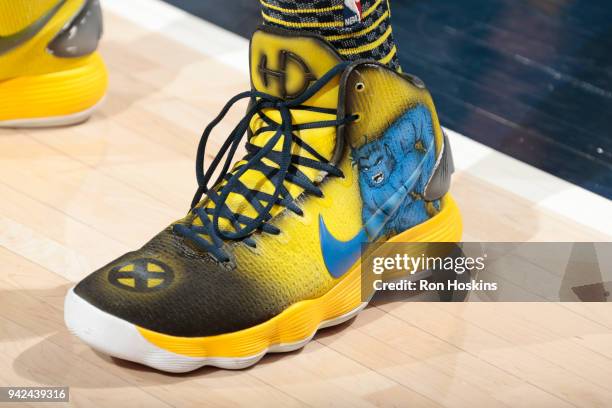 The sneakers worn by Trevor Booker of the Indiana Pacers are seen during the game against the Golden State Warriors on April 5, 2018 at Bankers Life...