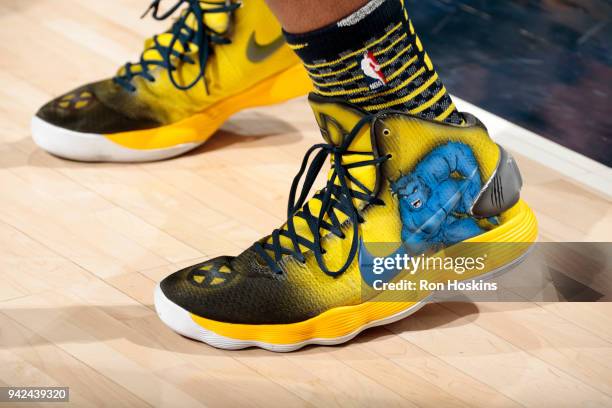 The sneakers worn by Trevor Booker of the Indiana Pacers are seen during the game against the Golden State Warriors on April 5, 2018 at Bankers Life...