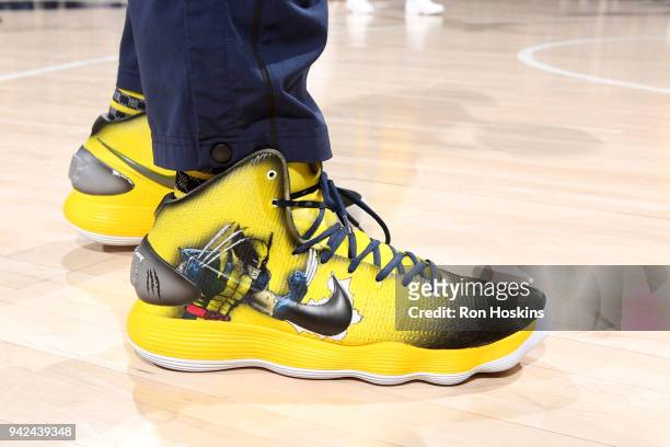 The sneakers worn by Trevor Booker of the Indiana Pacers are seen during the game against the Golden State Warriors on April 5, 2018 at Bankers Life...