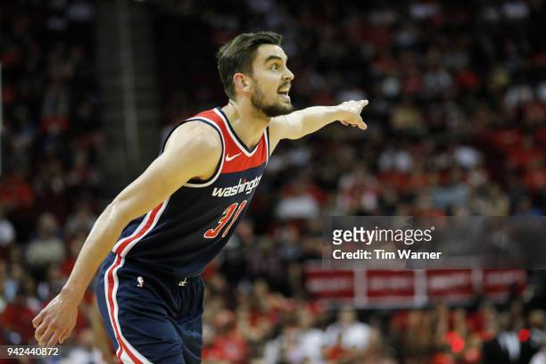 Tomas Satoransky of the Washington Wizards reacts to a foul call in the first half against the Houston Rockets at Toyota Center on April 3, 2018 in...