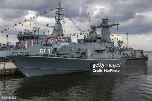 Polish Navy Orkan-class fast attack craft ORP Piorun is seen in Gdynia, Poland on 5 April 2018 during the Maritime Operations Centre Day celebrations.