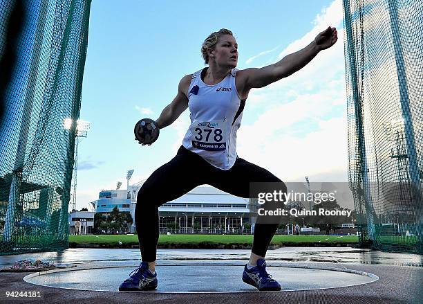 Dani Samuels of Australia competes in the Women's Discus during the Zatopek Classic at Olympic Park on December 10, 2009 in Melbourne, Australia.