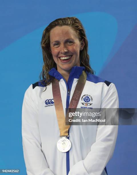 Hannah Miley of Scotland is seen with her silver medal from the Women's 400m IM final during day one of the Gold Coast 2018 Commonwealth Games at...