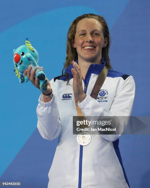 Hannah Miley of Scotland is seen with her silver medal from the Women's 400m IM final during day one of the Gold Coast 2018 Commonwealth Games at...