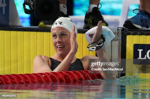 Hannah Miley of Scotland is seen after winning silver in the Women's 400m IM final during day one of the Gold Coast 2018 Commonwealth Games at Optus...