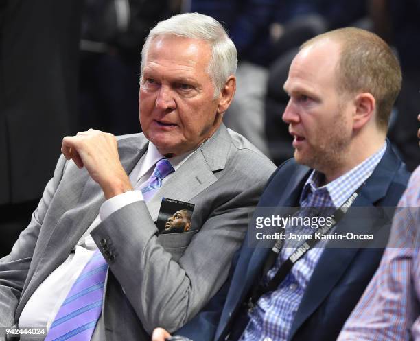 Los Angeles Clippers consultant Jerry West talks with executive vice president of basketball operations Lawrence Frank at the game against the San...