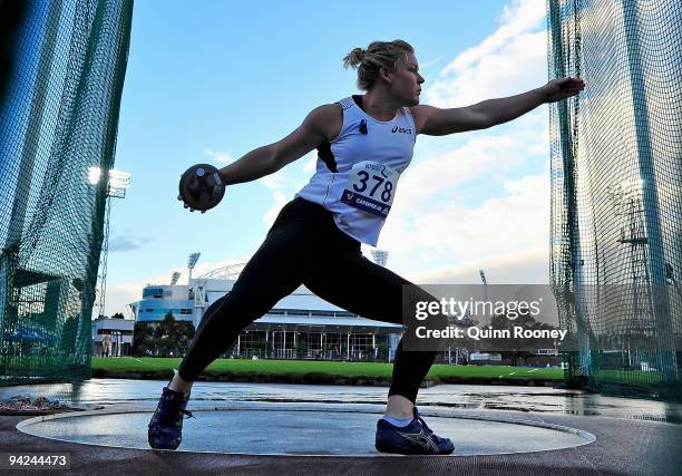 Dani Samuels of Australia competes in the Women's Discus during the Zatopek Classic at Olympic Park on December 10, 2009 in Melbourne, Australia.