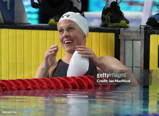Hannah Miley of Scotland is seen after winning silver in the Women's 400m IM final during day one of the Gold Coast 2018 Commonwealth Games at Optus...