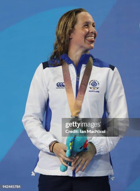 Hannah Miley of Scotland is seen with her silver medal from the Women's 400m IM final during day one of the Gold Coast 2018 Commonwealth Games at...