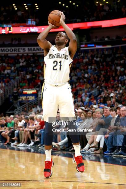 Darius Miller of the New Orleans Pelicans takes a shot during the first half of a NBA game against the Oklahoma City Thunder at the Smoothie King...