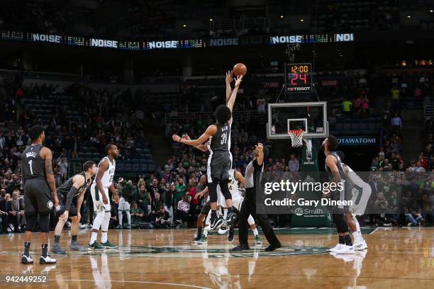 Jarrett Allen of the Brooklyn Nets goes for the tip off against the Milwaukee Bucks on April 5, 2018 at the BMO Harris Bradley Center in Milwaukee,...