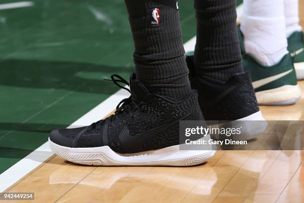 The sneakers of Rondae Hollis-Jefferson of the Brooklyn Nets are seen during the game against the Milwaukee Bucks on April 5, 2018 at the BMO Harris...