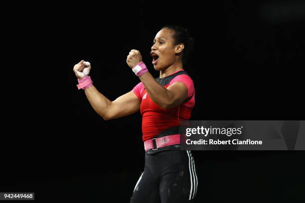 Loa Dika Toua of Papua New Guinea celebrates during the Women's 53kg weightlifting final on day two of the Gold Coast 2018 Commonwealth Games at...