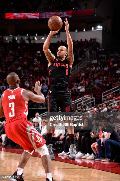 Shabazz Napier of the Portland Trail Blazers shoots the ball against the Houston Rockets on April 5, 2018 at the Toyota Center in Houston, Texas....