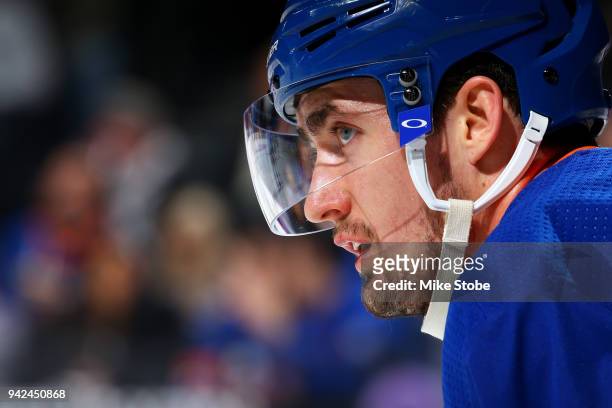 Brock Nelson of the New York Islanders looks on during the second period against the New York Rangers at Barclays Center on April 5, 2018 in New York...