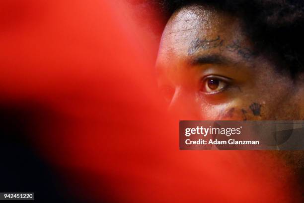 Lucas Nogueira of the Toronto Raptors looks on before a game against the Boston Celtics at TD Garden on March 31, 2018 in Boston, Massachusetts. NOTE...