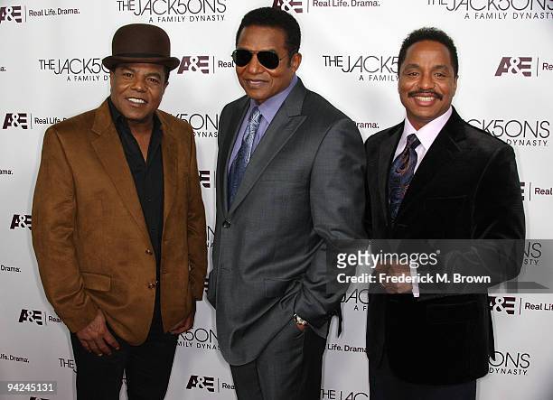 Recording artist Tito Jackson, Jackie Jackson and Marlon Jackson attend the premiere of A & E Network's "The Jacksons: A Family Dynasty" at Boulevard...