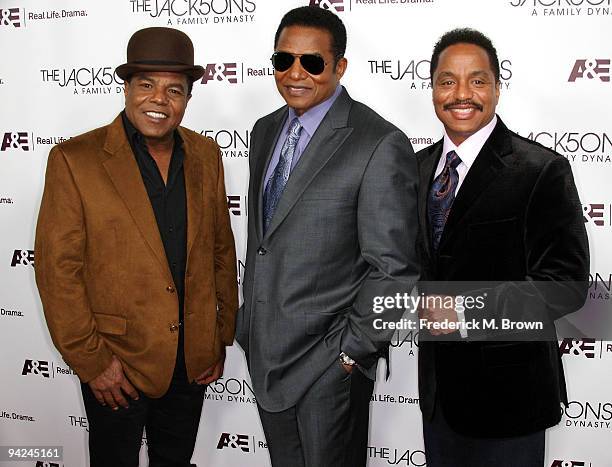 Recording artist Tito Jackson, Jackie Jackson and Marlon Jackson attend the premiere of A & E Network's "The Jacksons: A Family Dynasty" at Boulevard...