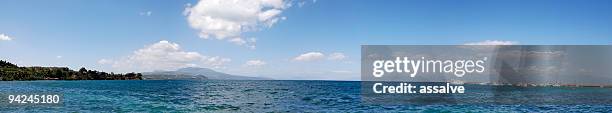 xxl panoramic view over mediterranean sea with harbour and fisherboats - skipjack stock pictures, royalty-free photos & images
