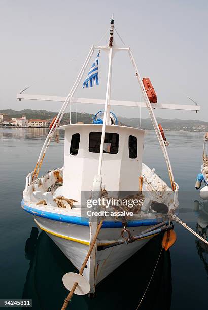 front view from traditional greek fisherboat - skipjack stock pictures, royalty-free photos & images